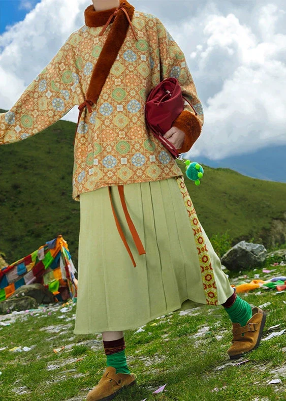 Lili Su 栗栗苏 Chestnut Candy Modern Weijin Quling Curved Collar Jacket & Midi Skirt Set - Image 9