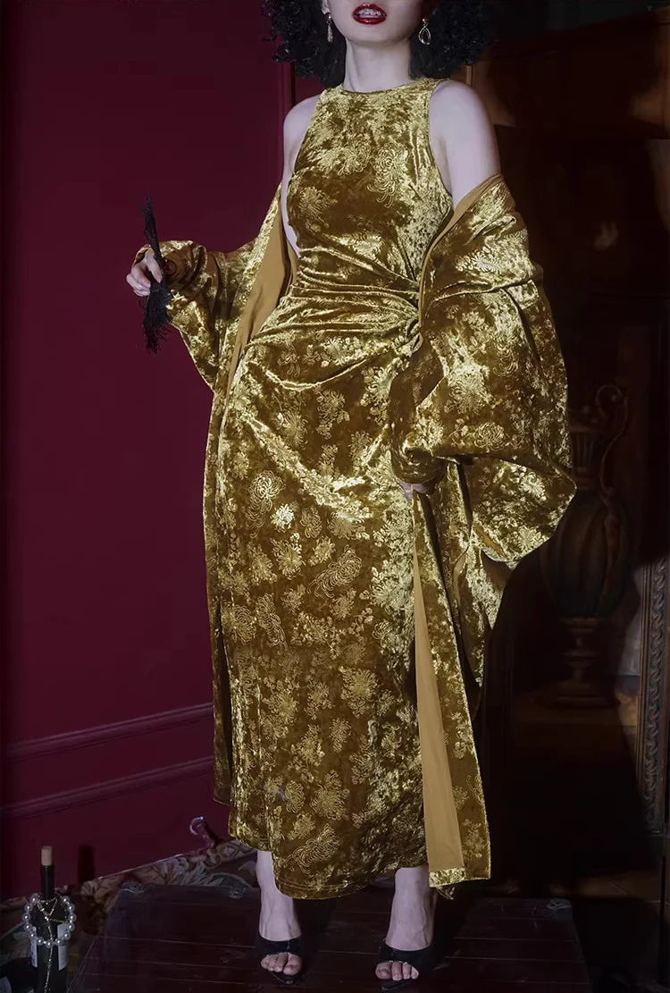 Liu Qi 鎏绮 Flowing Gold New Chinese Style Velvet Dress & Shawl Coat Set - Image 2