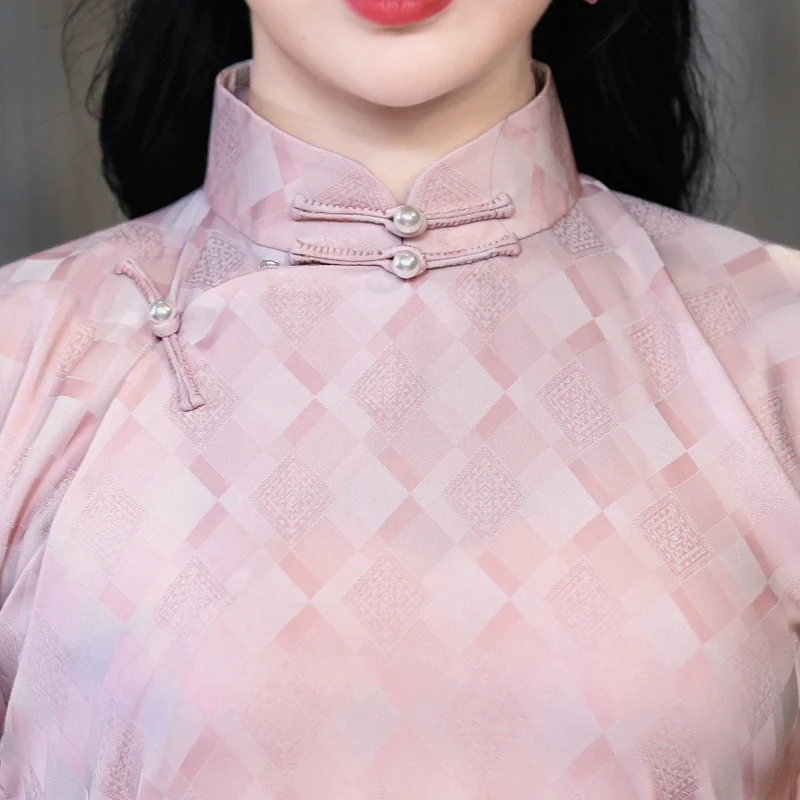 Manchan 曼婵 1930s Patterned Satin Pink Summer Qipao - Image 8
