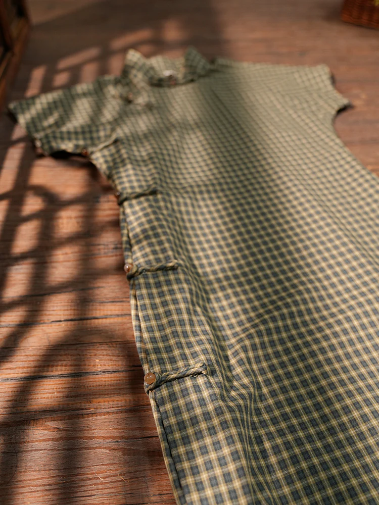 Maomao Chong 毛毛虫 Caterpillar Republic of China Plaid Jacquard Short Sleeve Qipao - Image 2