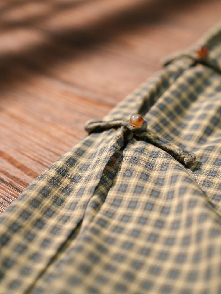Maomao Chong 毛毛虫 Caterpillar Republic of China Plaid Jacquard Short Sleeve Qipao - Image 4