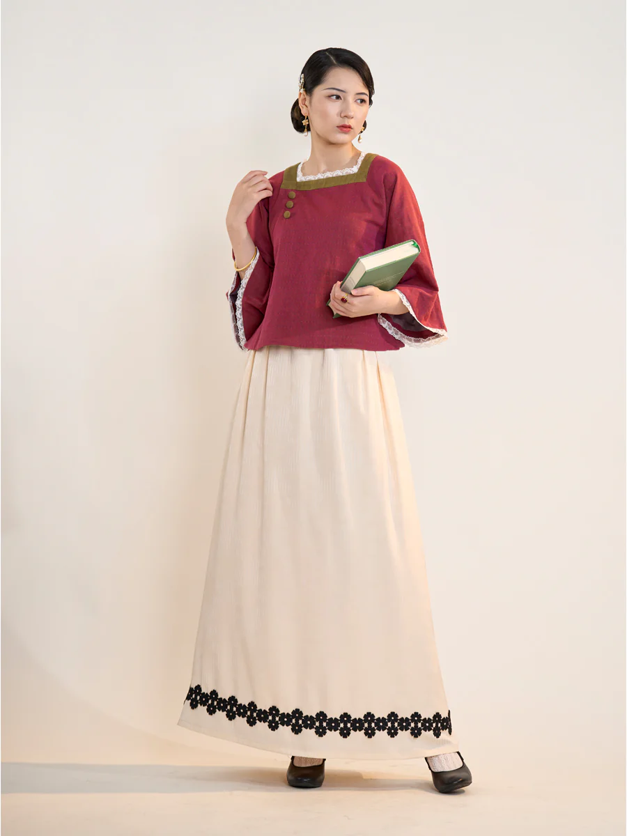 Meng Tan 梦田 Field of Dreams 1920s Restoration Square Collar Bell Sleeve Top - Image 4