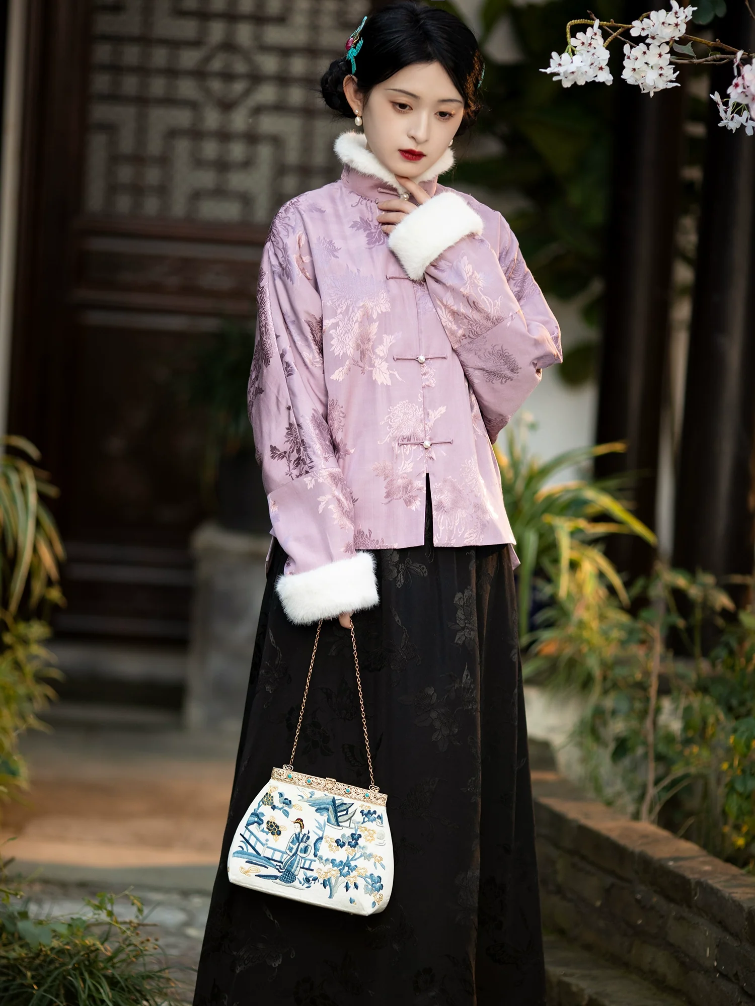 Mohua Yin 墨花隐 Inked Flower Republic of China Floral Jacquard Winter Quilt Lined Midi Skirt - Image 3