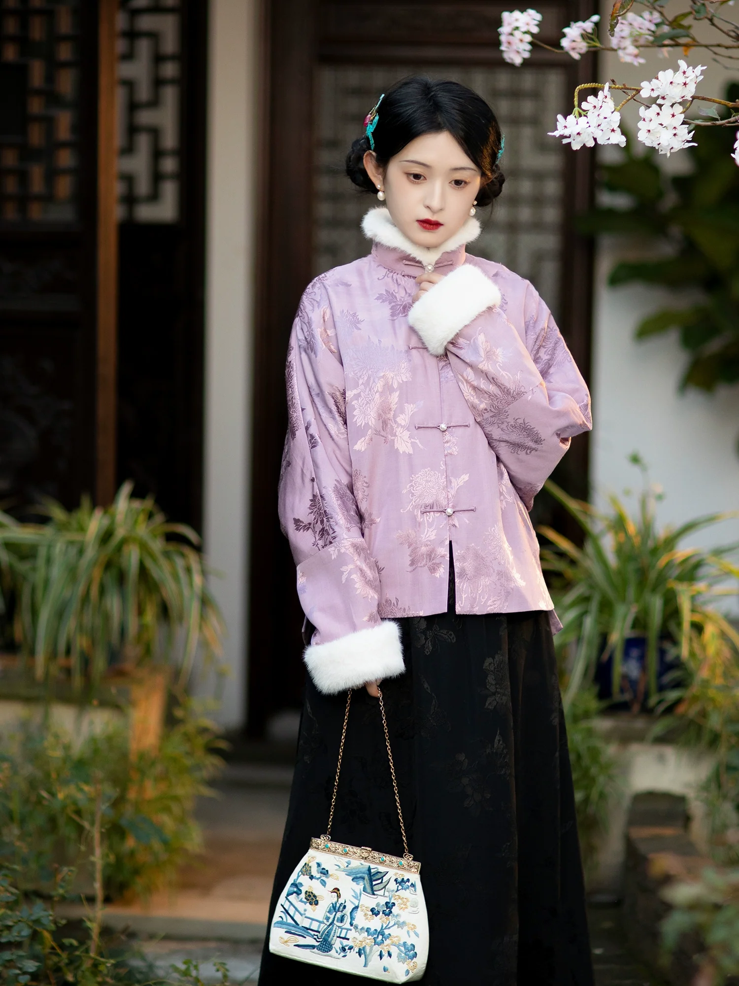 Mohua Yin 墨花隐 Inked Flower Republic of China Floral Jacquard Winter Quilt Lined Midi Skirt - Image 4