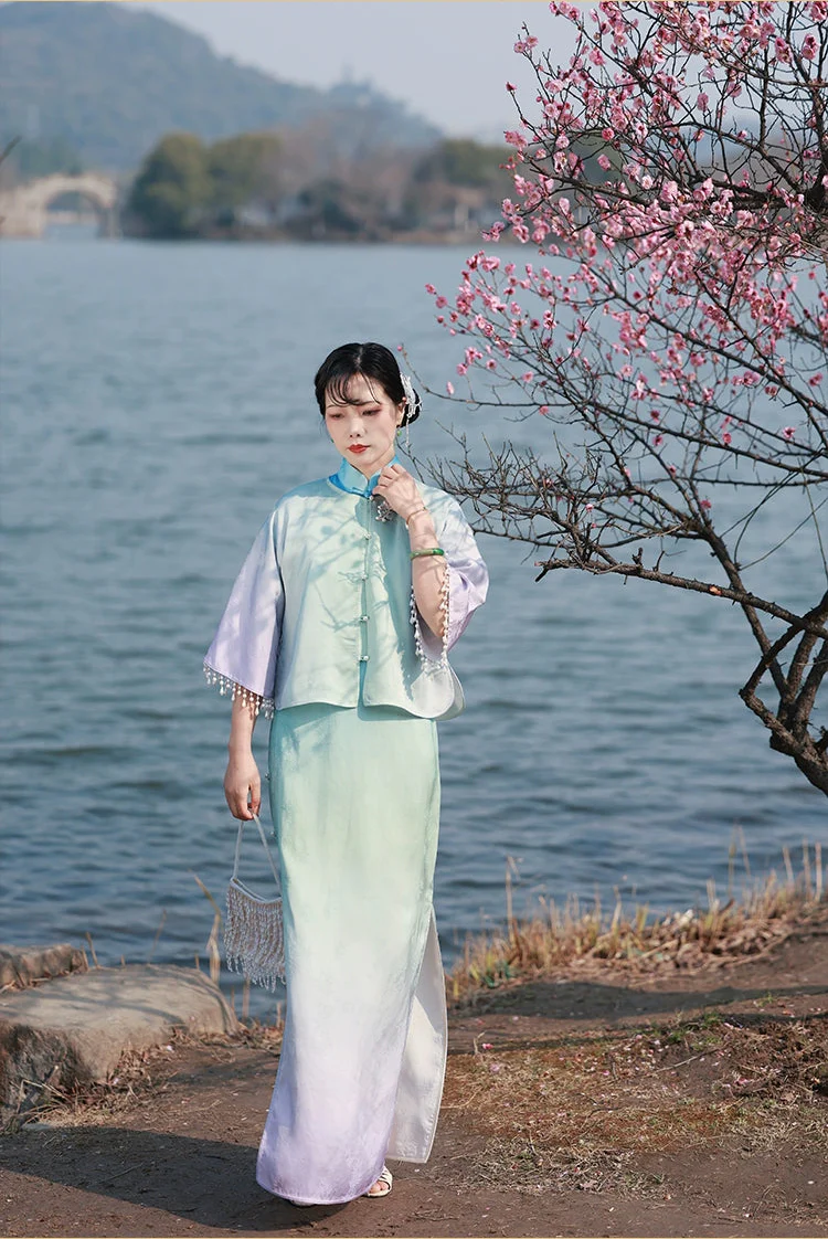 Ni 霓 Neon 1930s Gradient Leaf Jacquard Cap Sleeve Qipao - Image 4