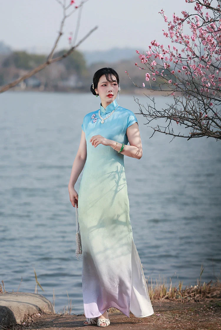 Ni 霓 Neon 1930s Gradient Leaf Jacquard Cap Sleeve Qipao - Image 5