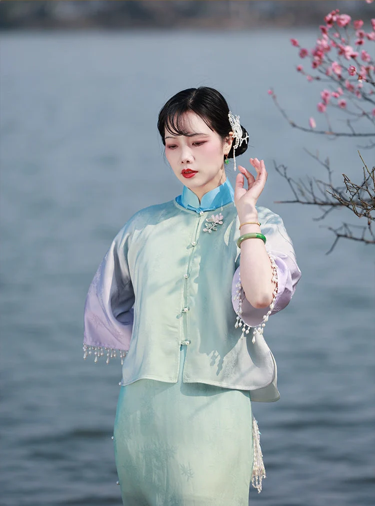 Ni 霓 Neon 1930s Gradient Leaf Jacquard Cap Sleeve Qipao - Image 7
