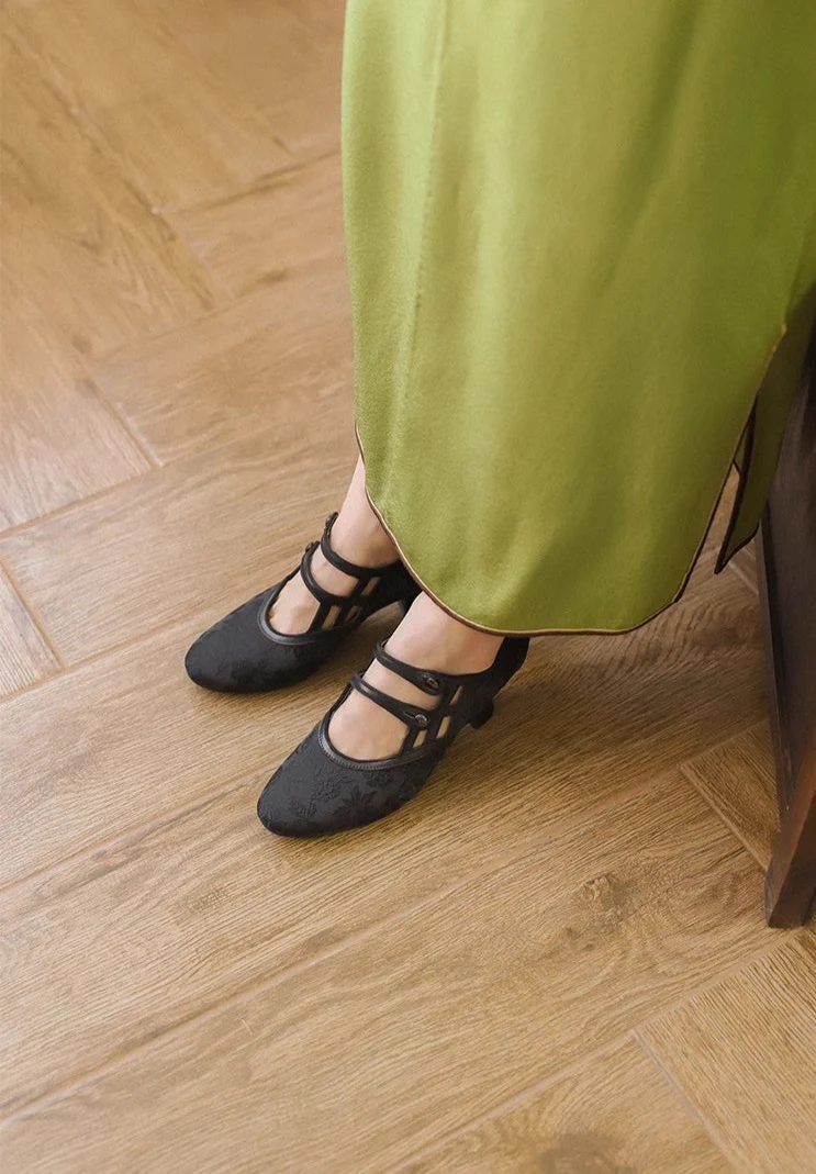 Nightcap 睡前酒 1920s Reproduction Cowhide Leather Jacquard Kitten Heel Shoes - Image 11