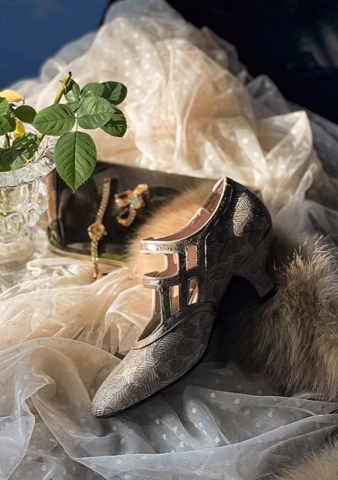 Nightcap 睡前酒 1920s Reproduction Cowhide Leather Jacquard Kitten Heel Shoes - Image 16