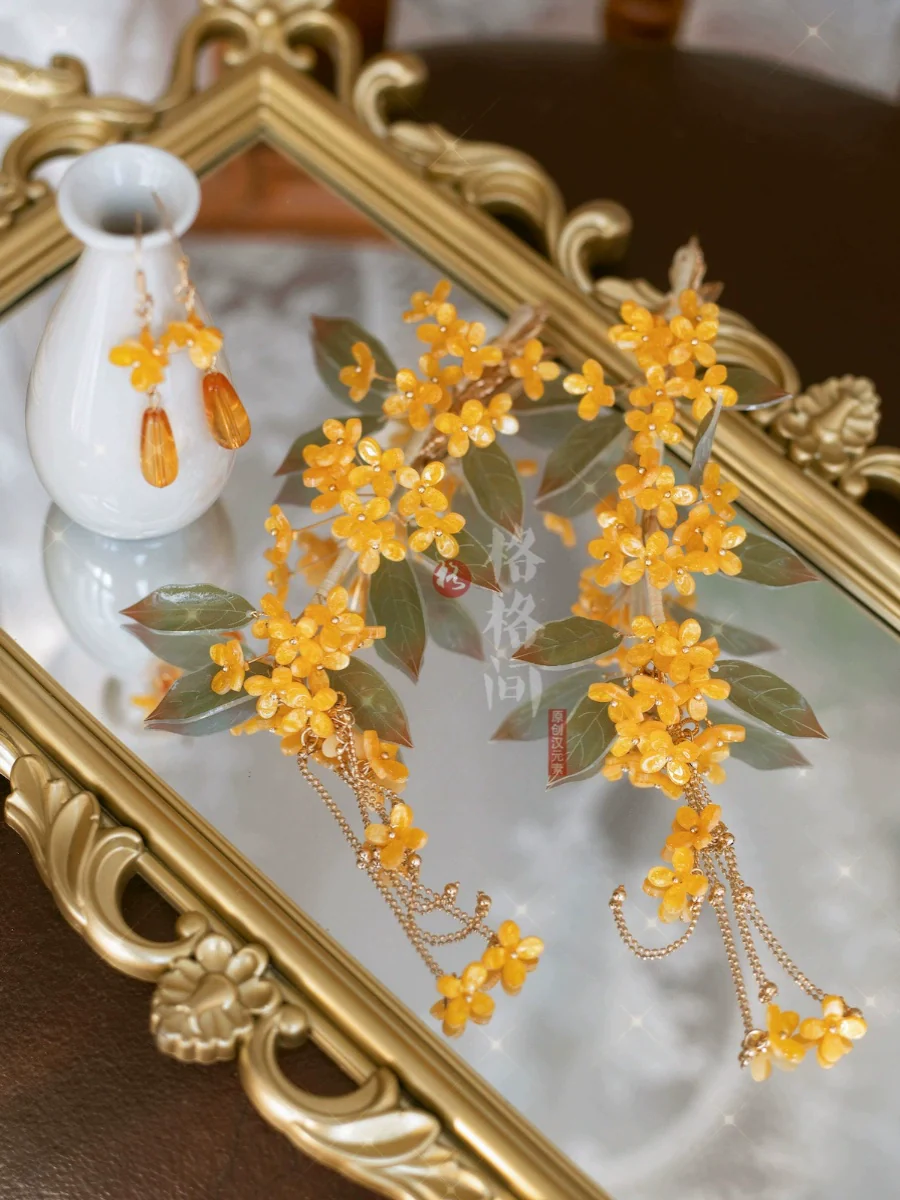 Osmanthus Branch 折桂枝 Handmade Hair Clips & Beaded Earrings - Image 5