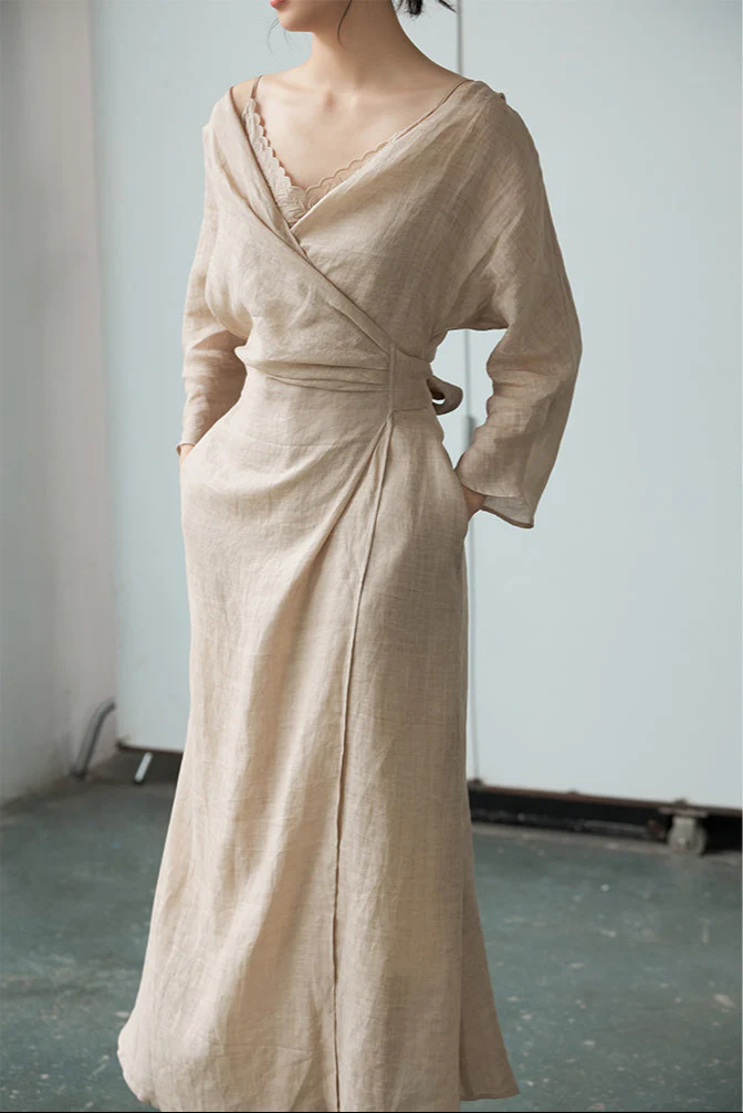 Peach Blossom with a Human Face 人面桃花 New Chinese Style Pure Ramie Wrap Dress - Image 10