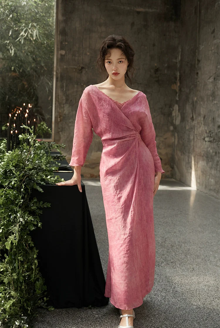 Peach Blossom with a Human Face 人面桃花 New Chinese Style Pure Ramie Wrap Dress - Image 11