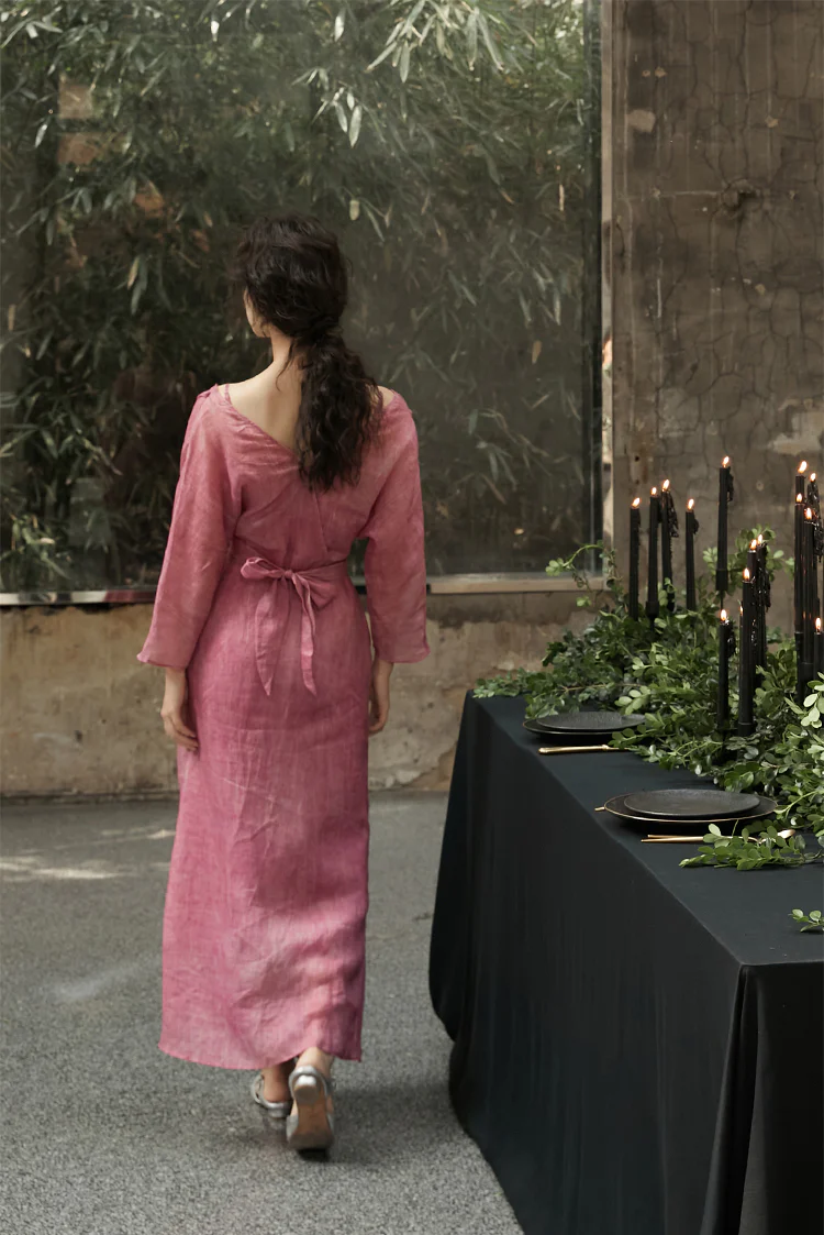 Peach Blossom with a Human Face 人面桃花 New Chinese Style Pure Ramie Wrap Dress - Image 12