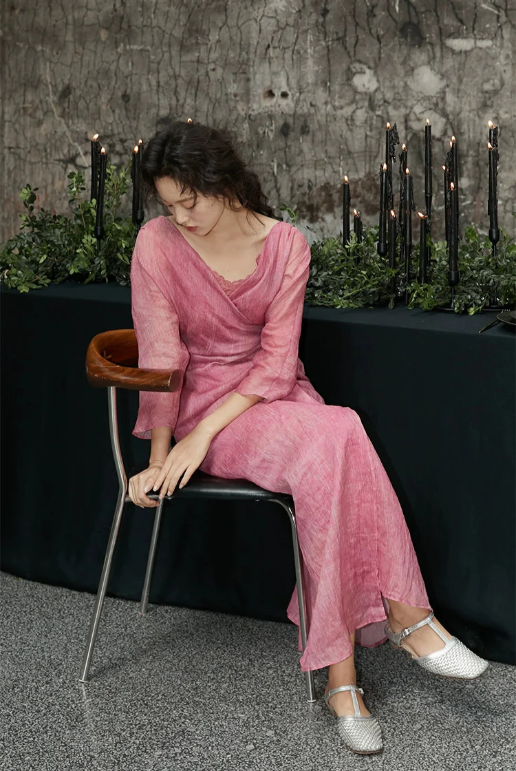 Peach Blossom with a Human Face 人面桃花 New Chinese Style Pure Ramie Wrap Dress - Image 14