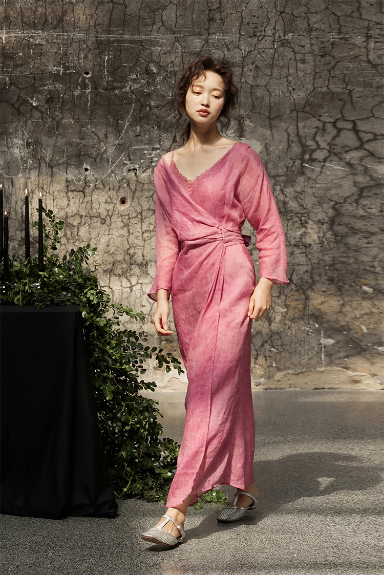 Peach Blossom with a Human Face 人面桃花 New Chinese Style Pure Ramie Wrap Dress - Image 15