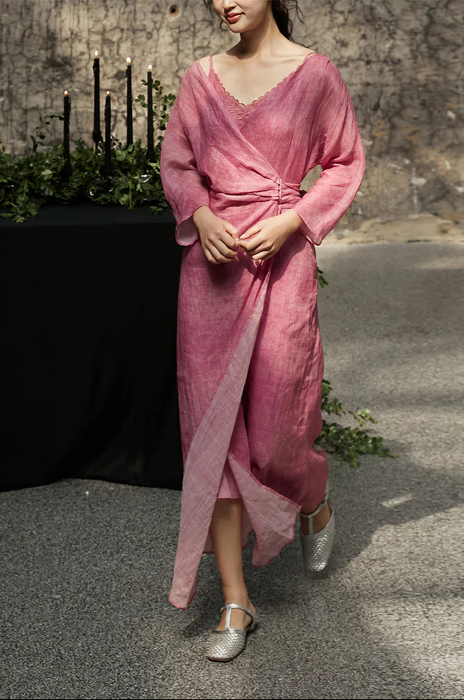 Peach Blossom with a Human Face 人面桃花 New Chinese Style Pure Ramie Wrap Dress - Image 16