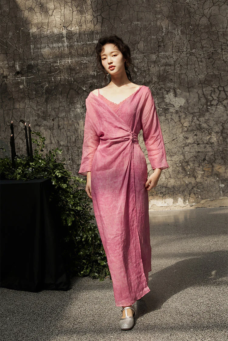 Peach Blossom with a Human Face 人面桃花 New Chinese Style Pure Ramie Wrap Dress - Image 17