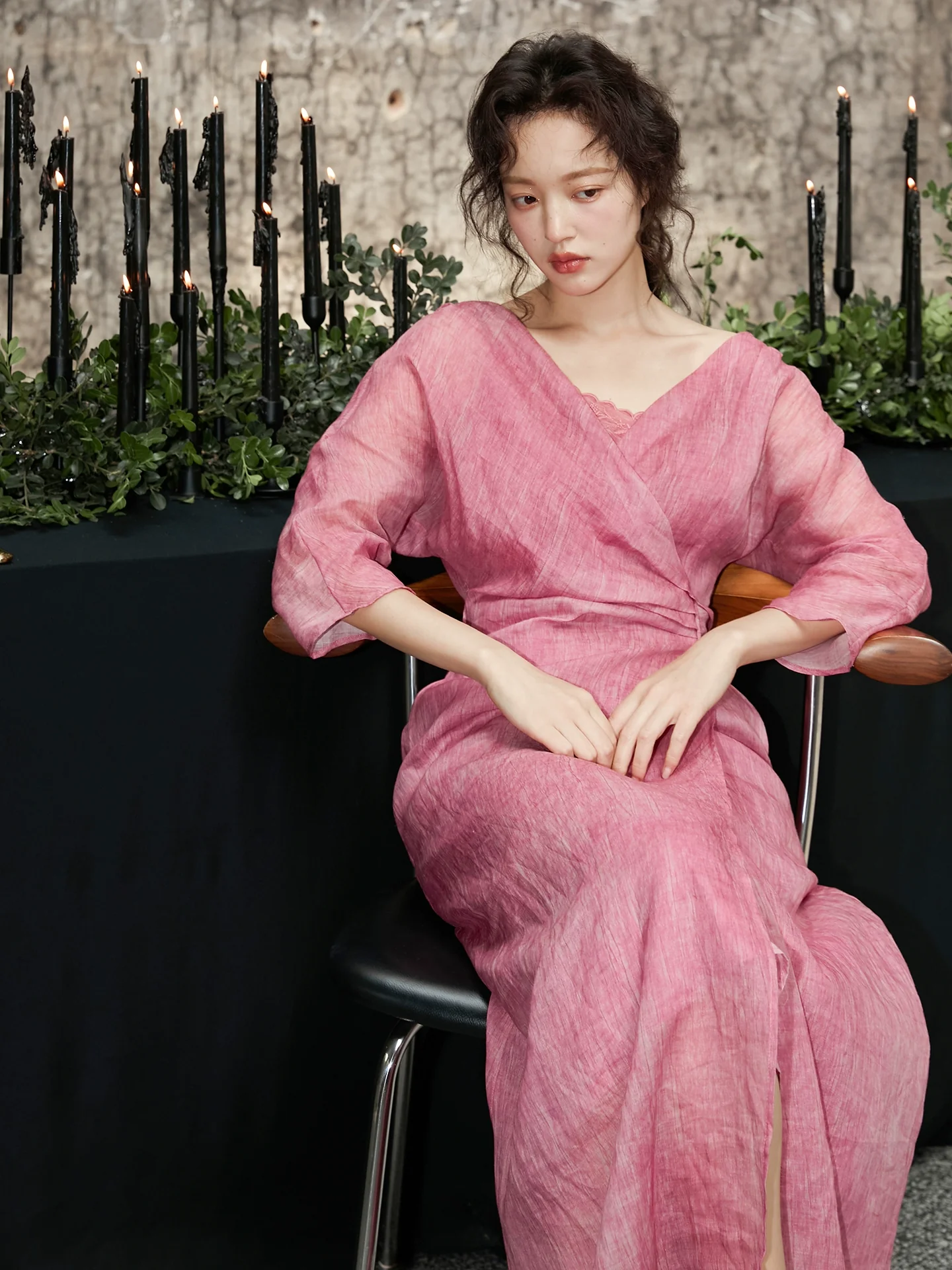 Peach Blossom with a Human Face 人面桃花 New Chinese Style Pure Ramie Wrap Dress - Image 3