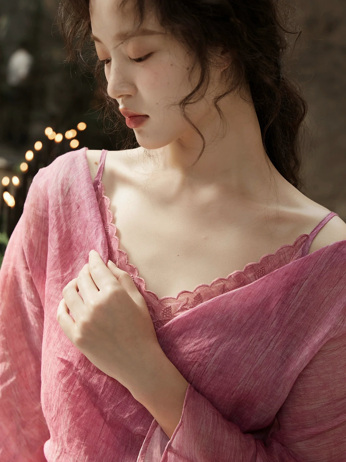 Peach Blossom with a Human Face 人面桃花 New Chinese Style Pure Ramie Wrap Dress - Image 5