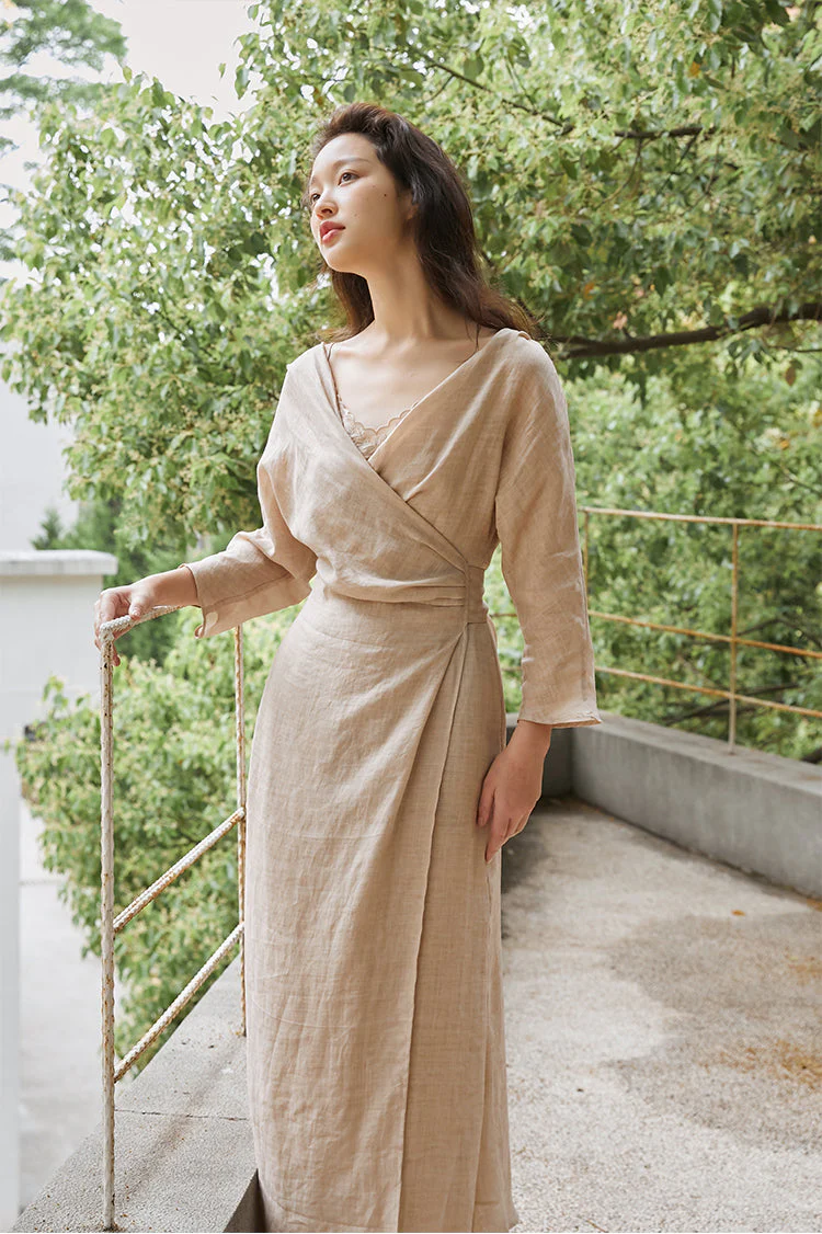 Peach Blossom with a Human Face 人面桃花 New Chinese Style Pure Ramie Wrap Dress - Image 8