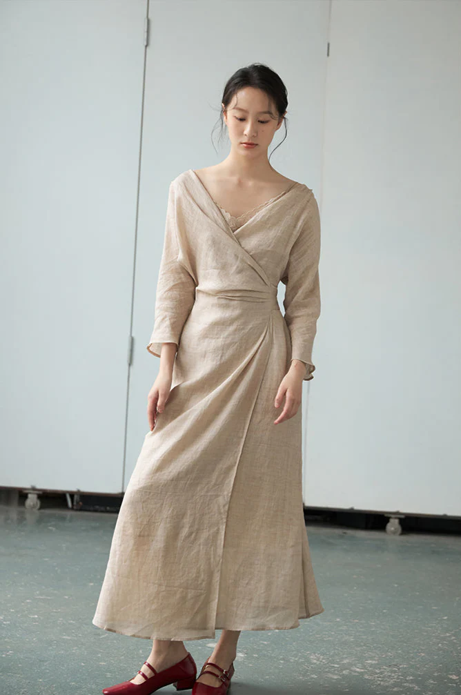 Peach Blossom with a Human Face 人面桃花 New Chinese Style Pure Ramie Wrap Dress - Image 9