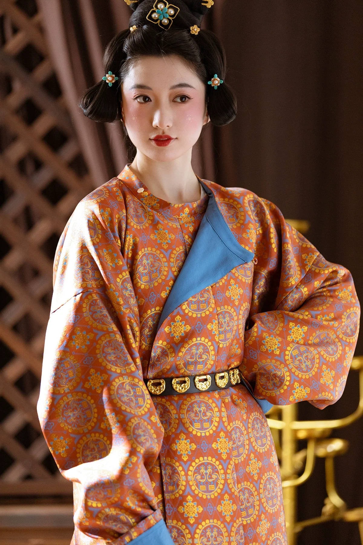 Pearl Birds 团窠联珠对鸟纹 Brocade Unisex Yuanlingpao Round Collar Robe - Image 3