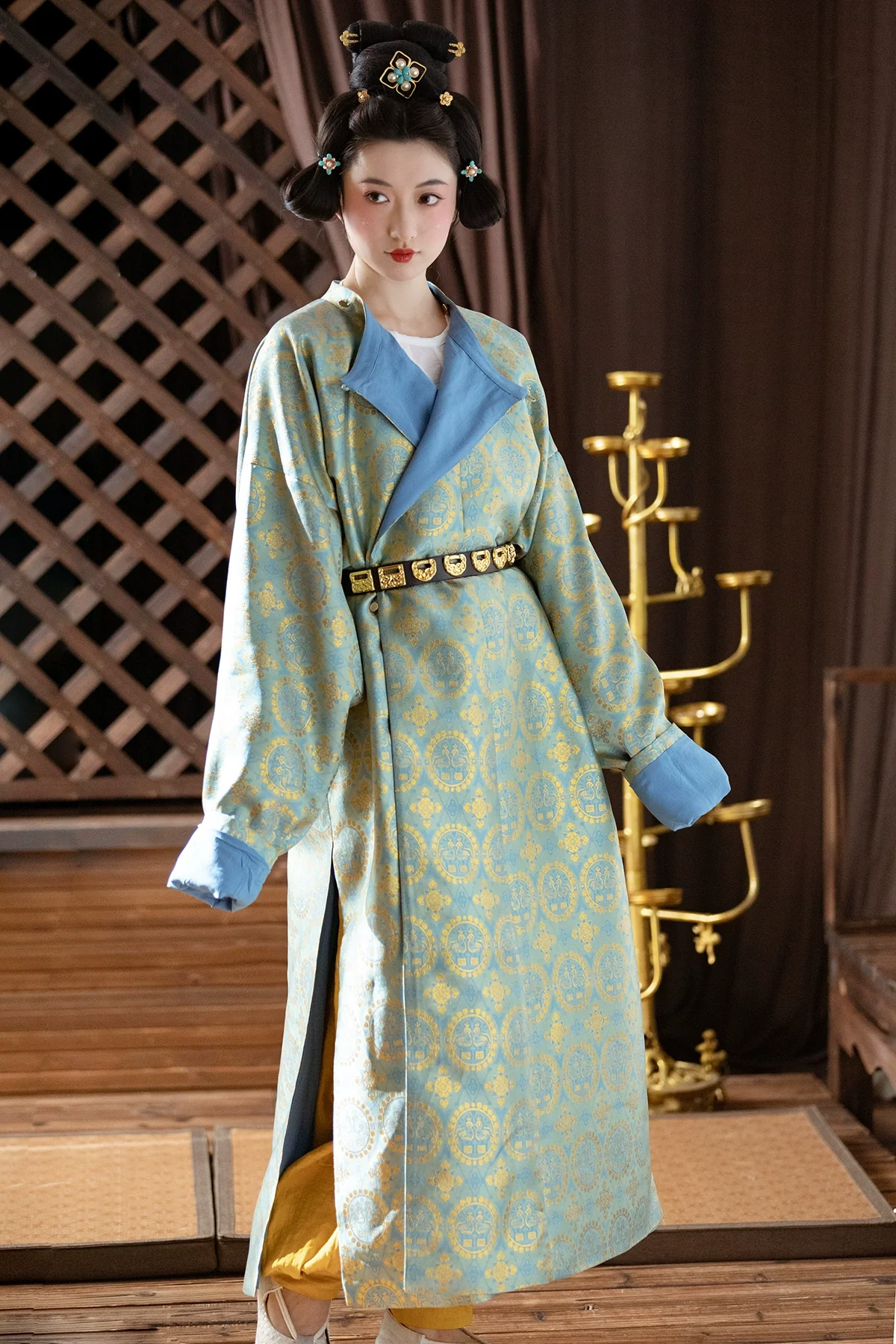 Pearl Birds 团窠联珠对鸟纹 Brocade Unisex Yuanlingpao Round Collar Robe - Image 6