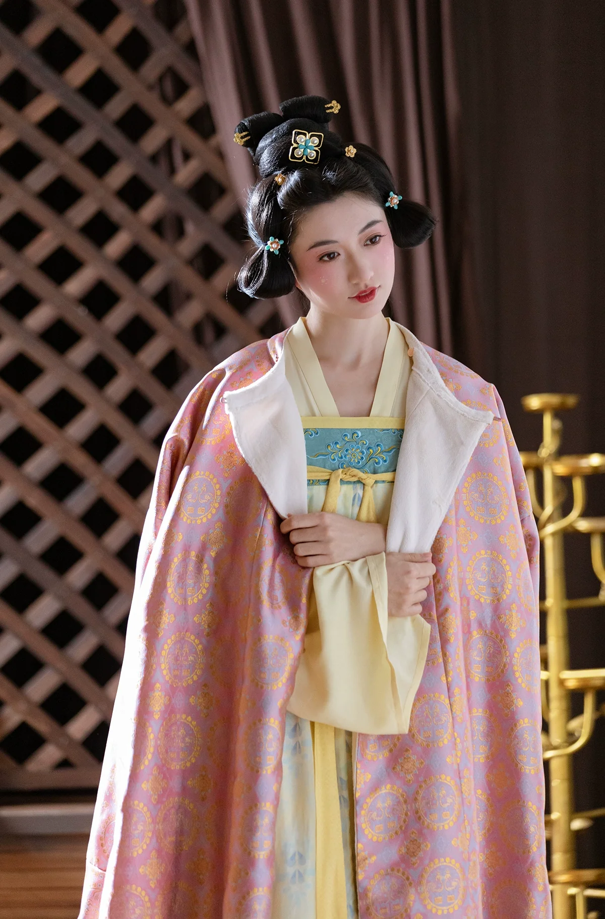 Pearl Birds 团窠联珠对鸟纹 Brocade Unisex Yuanlingpao Round Collar Robe - Image 8