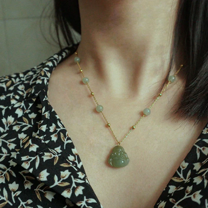 Qingshui Hetian 晴水和田 Clear Water Jade Buddha Gold Plated Pendant Necklace - Image 10