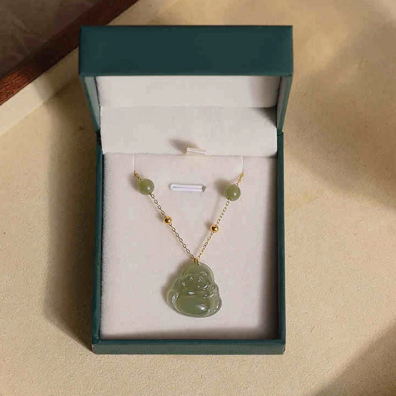 Qingshui Hetian 晴水和田 Clear Water Jade Buddha Gold Plated Pendant Necklace - Image 11