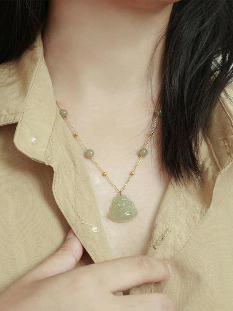 Qingshui Hetian 晴水和田 Clear Water Jade Buddha Gold Plated Pendant Necklace - Image 2