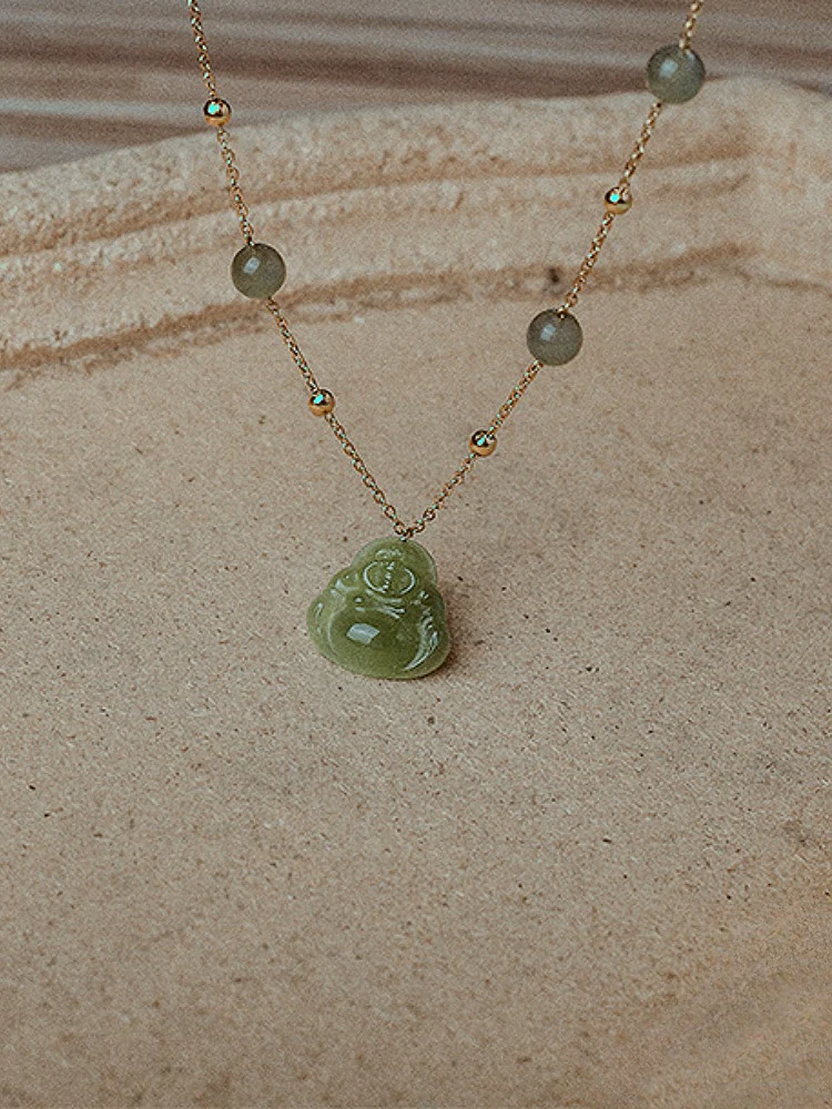 Qingshui Hetian 晴水和田 Clear Water Jade Buddha Gold Plated Pendant Necklace - Image 3