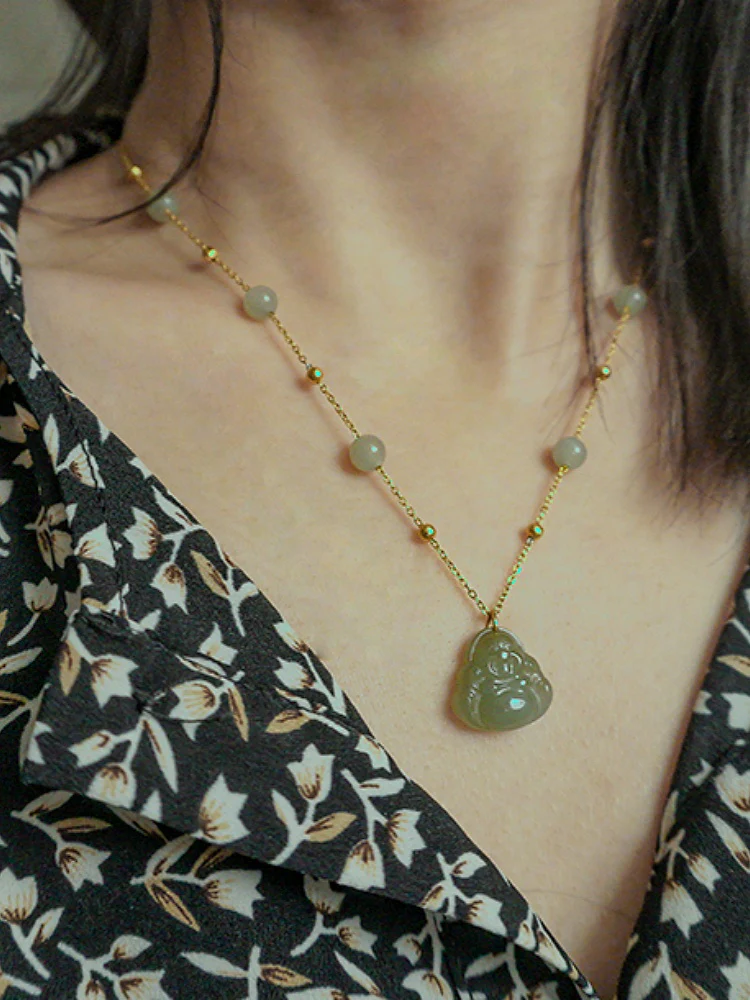Qingshui Hetian 晴水和田 Clear Water Jade Buddha Gold Plated Pendant Necklace - Image 4
