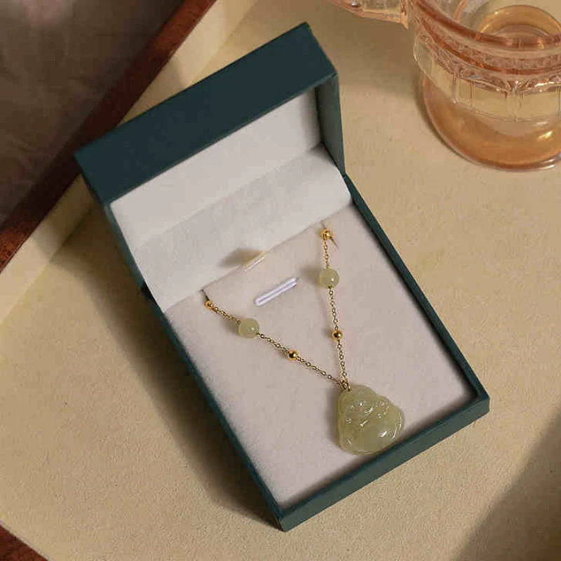 Qingshui Hetian 晴水和田 Clear Water Jade Buddha Gold Plated Pendant Necklace - Image 6