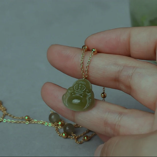 Qingshui Hetian 晴水和田 Clear Water Jade Buddha Gold Plated Pendant Necklace - Image 7