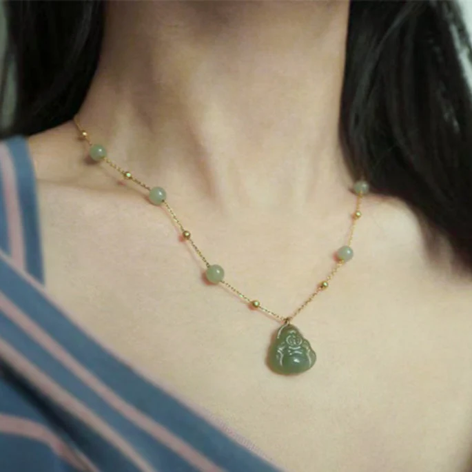 Qingshui Hetian 晴水和田 Clear Water Jade Buddha Gold Plated Pendant Necklace - Image 9
