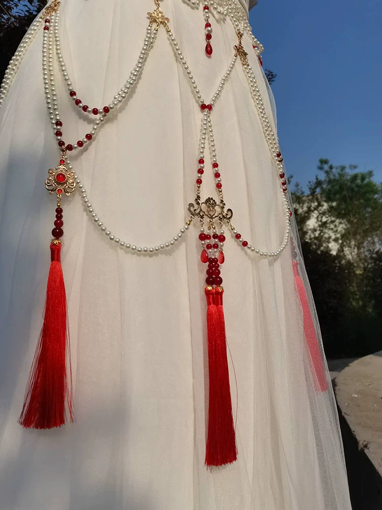 Qinzi 亲子 Sweetheart Pearl & Crystal Tassel Belt Hanfu Accessory - Image 2