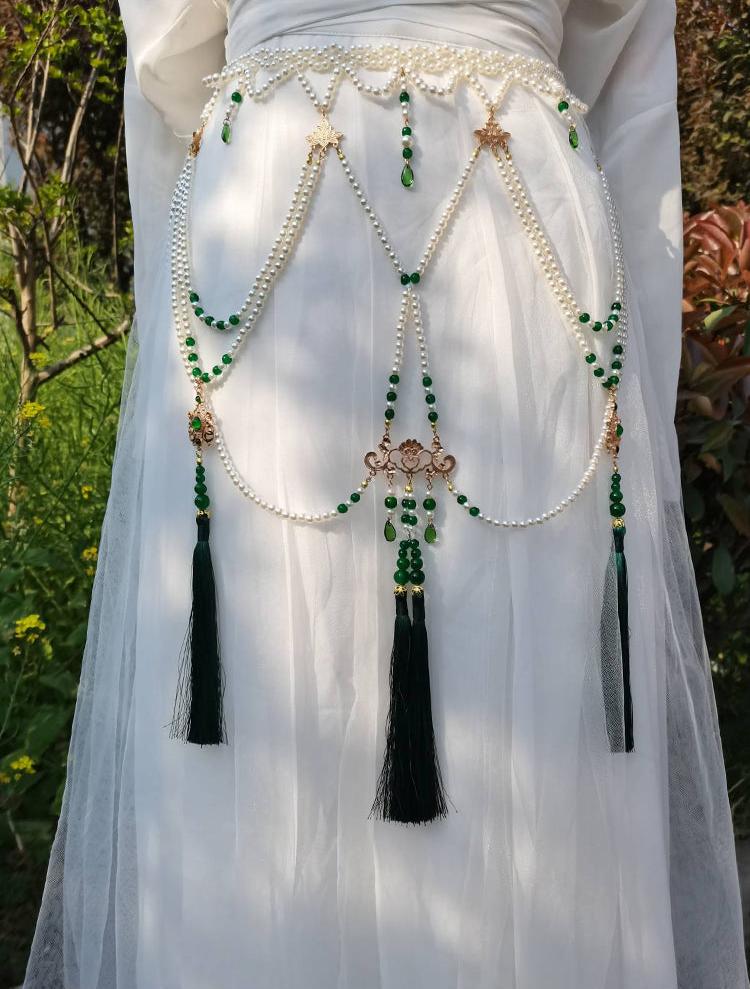 Qinzi 亲子 Sweetheart Pearl & Crystal Tassel Belt Hanfu Accessory - Image 3