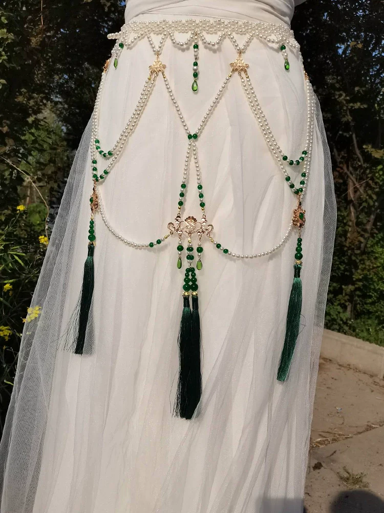 Qinzi 亲子 Sweetheart Pearl & Crystal Tassel Belt Hanfu Accessory - Image 4
