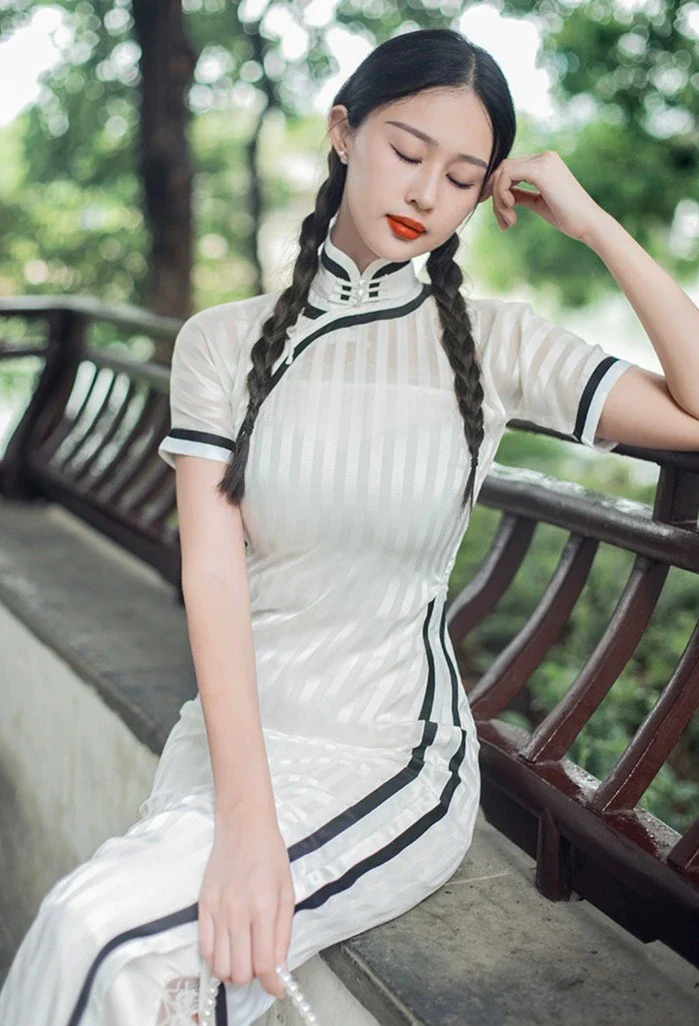 Shanghai 上海 1930s Poster Reproduction Sheer White Striped Qipao - Image 3