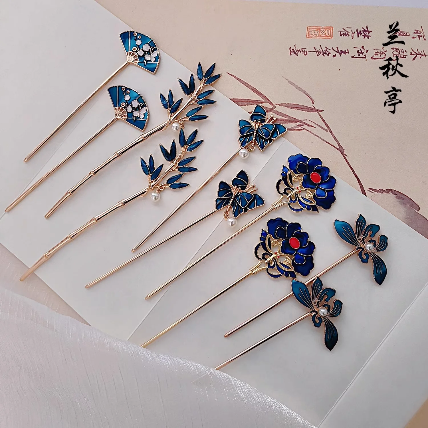 Shao Lan 烧蓝 Burnt Blue Various Ming Dynasty Turquoise Flower Hairpins - Image 2