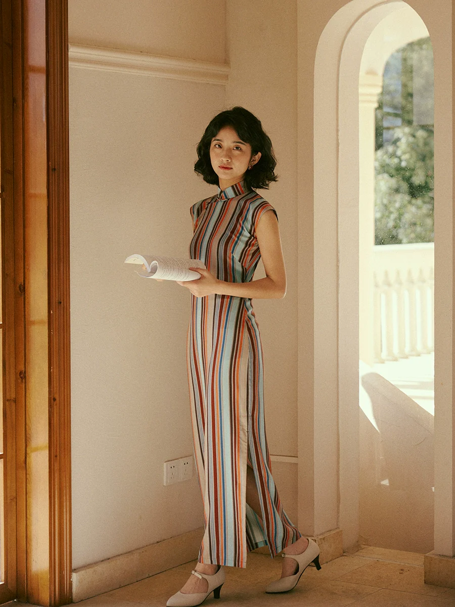 Sheng Dao 省道 Province Road 1960s Retro Stripe Cap Sleeve Qipao - Image 3