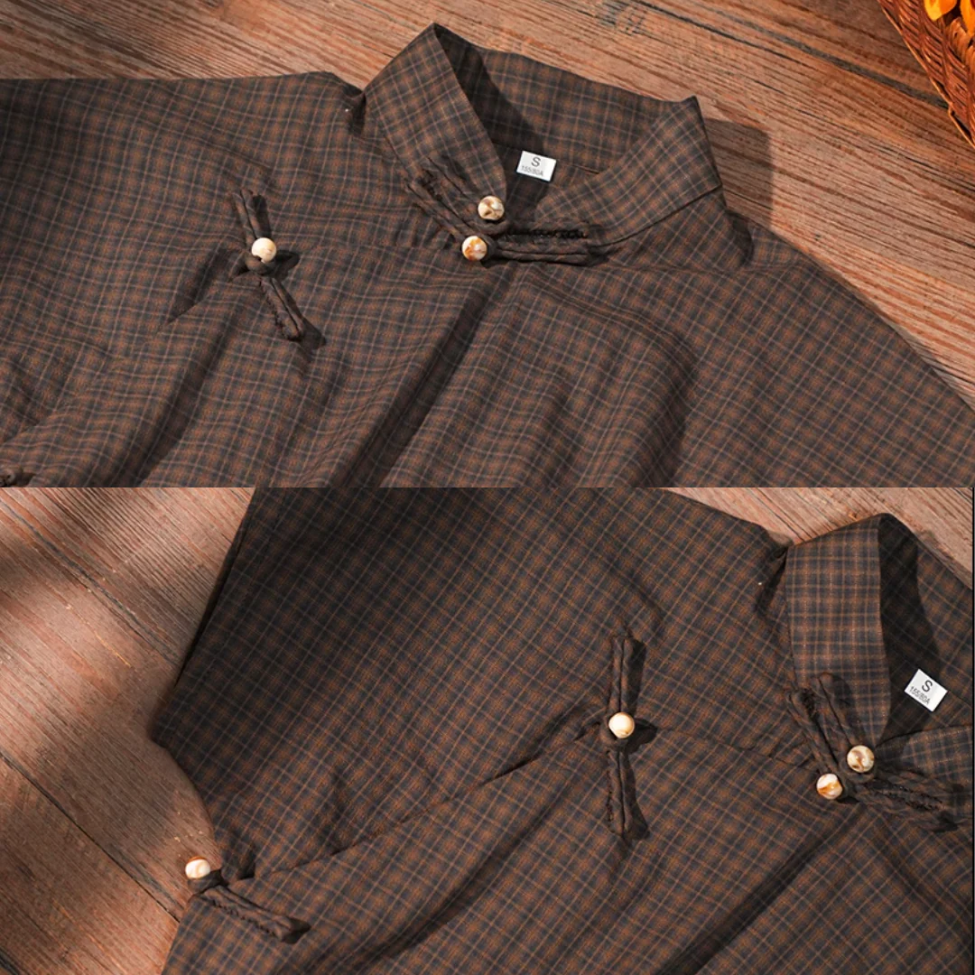 Song Lü 松露 Dark Truffle Republic of China Plaid Jacquard Short Sleeve Qipao - Image 10