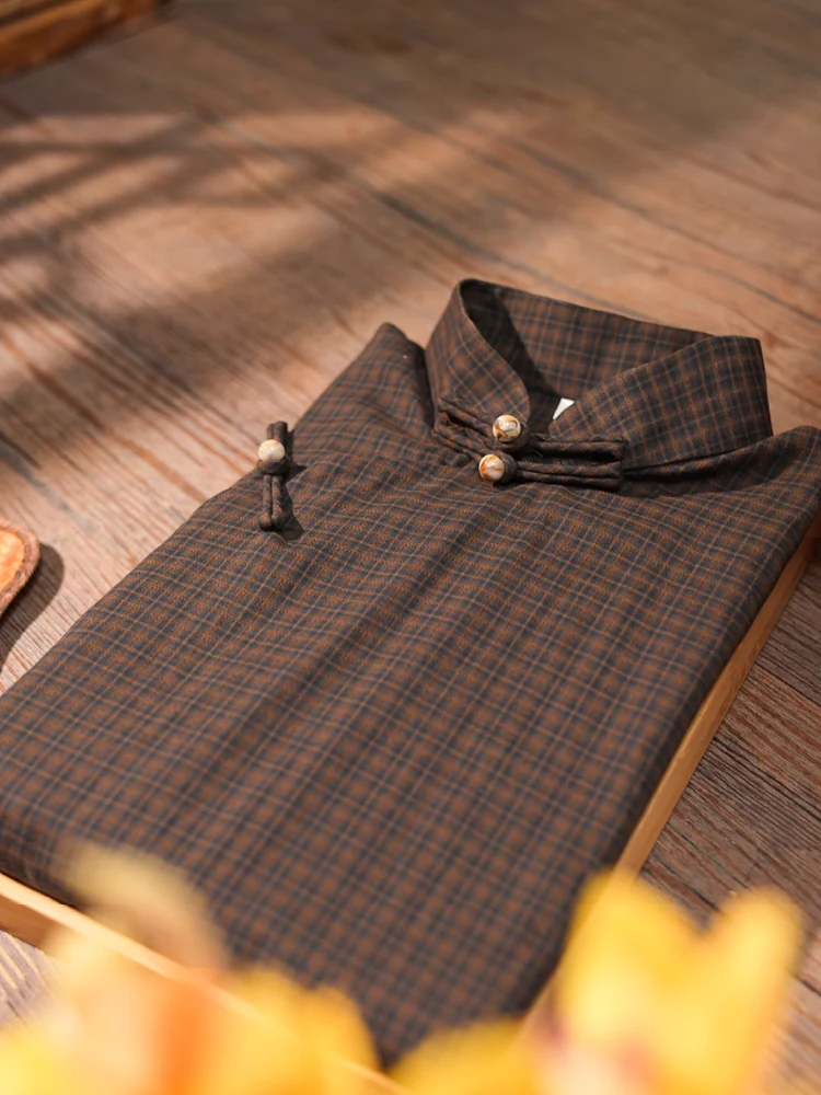 Song Lü 松露 Dark Truffle Republic of China Plaid Jacquard Short Sleeve Qipao - Image 8