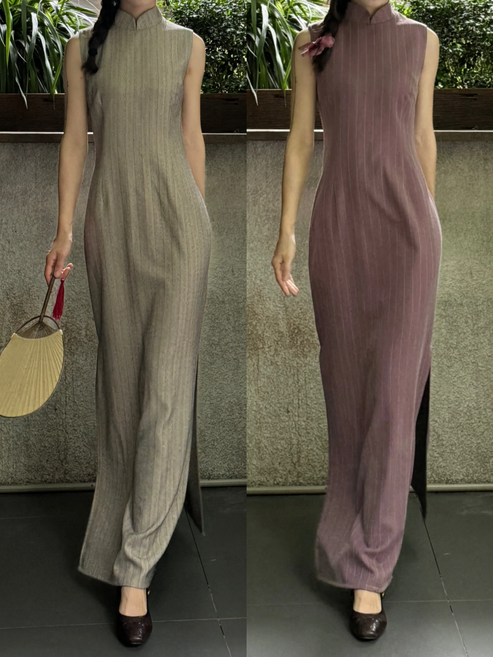 Sukè 素刻 Plain Carving Modernized Pinstripe Sleeveless Qipao - Image 4
