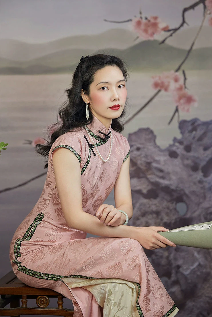 Tao Fen 桃粉 Peach Powder 1930s Satin Jacquard Cap Sleeve Qipao - Image 5