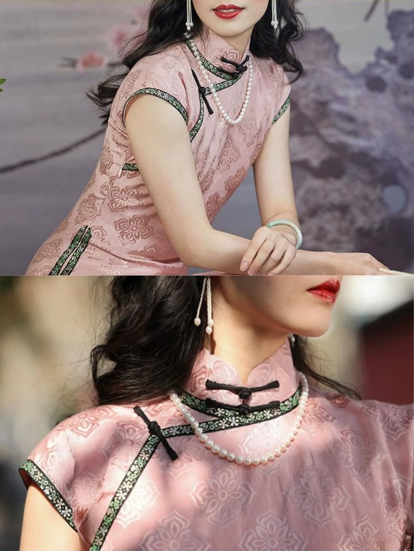 Tao Fen 桃粉 Peach Powder 1930s Satin Jacquard Cap Sleeve Qipao - Image 7