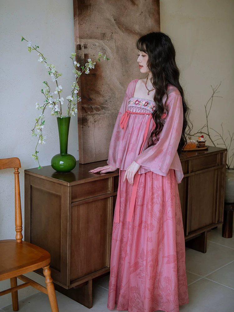 Taohua Qu 桃花曲 Peach Blossom Ballad Modernized Tang Dynasty Floral Embroidery Ruqun Top & Skirt Set - Image 2