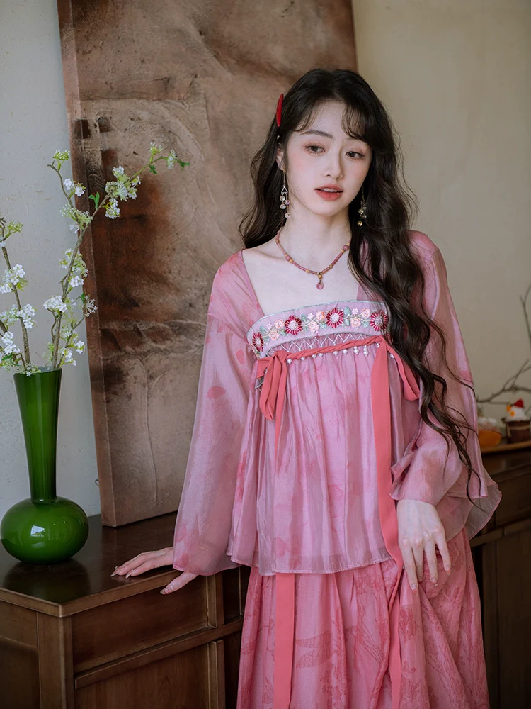 Taohua Qu 桃花曲 Peach Blossom Ballad Modernized Tang Dynasty Floral Embroidery Ruqun Top & Skirt Set - Image 3