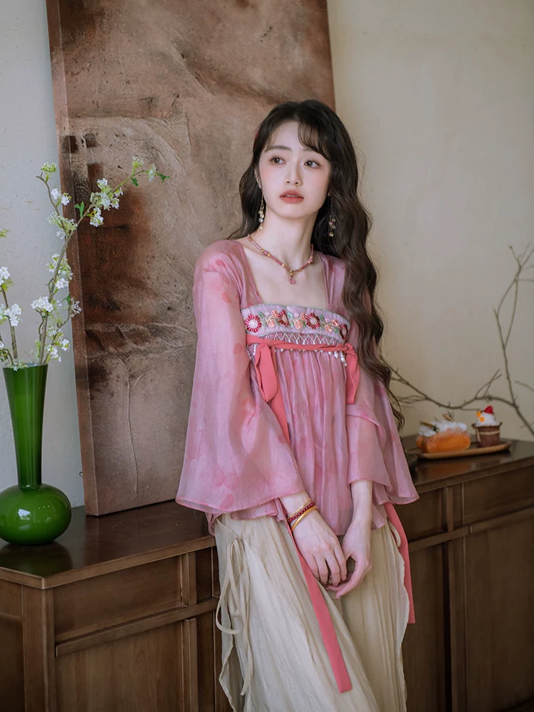Taohua Qu 桃花曲 Peach Blossom Ballad Modernized Tang Dynasty Floral Embroidery Ruqun Top & Skirt Set - Image 4